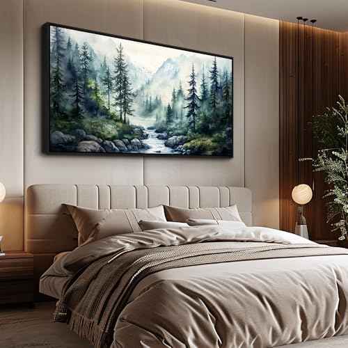 Black Framed Canvas Wall Art For Living Room Large Wall Decor For Office Bedroom Decoration Misty Forest Picture Tree landscape Paintings Artwork Wall Mural Aesthetic Home Decor 30x60 In