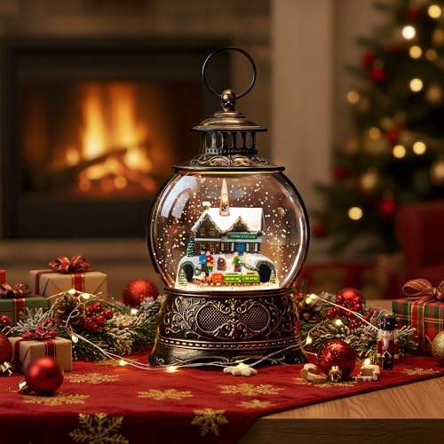 Christmas Village Snow Globe Water Lantern with Train Station Scene Battery Operated or USB Powered Musical Lighted Holiday Decoration for Tabletop Display for Family and Friends