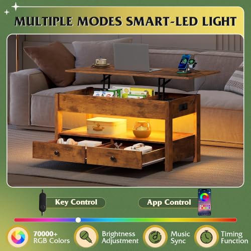 Lift Top Coffee Table with LED and 2 Drawers