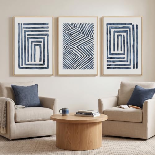Large Framed Navy Blue Abstract Wall Art for Living Room (3 Count)