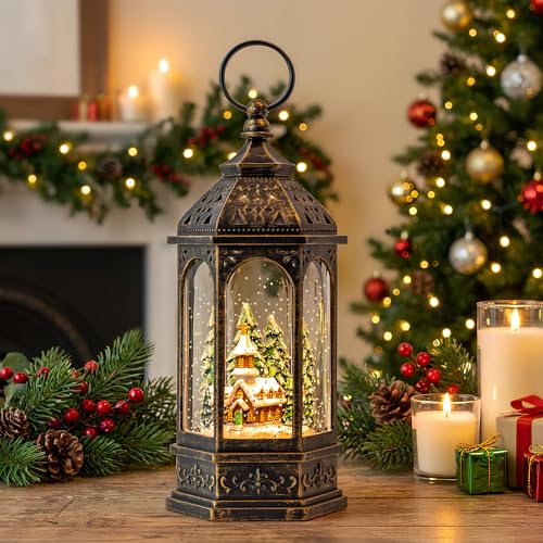 Christmas Snow Globe Lantern Lighted Church Musical Snow Water Lantern Swirling Glittering Home Decoration and Gift