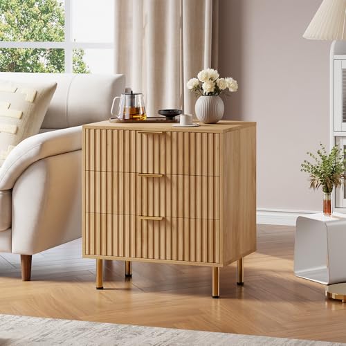 Fluted Natural 3 Drawer Dresser for Bedroom with Deep Drawers