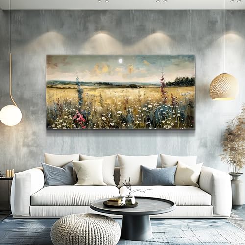 Large Vintage Natural Field Landscape Painting Home Decor Farmhouse Vintage Meadow Wildflowers Modern Printed Artwork Living Room Decor Bedroom Office Can Be Hung Directly 30 X 60 Inches