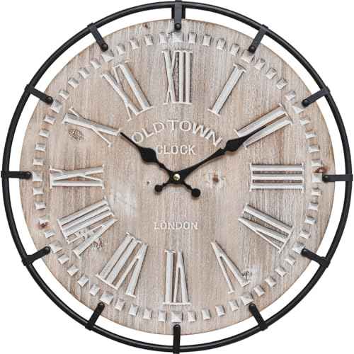 12 Inch Farmhouse Wall Clock Rustic Antique Wood with Metal Circle and Large Engraved Numerals