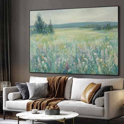 60"x72" Extra Large Framed Wall Art Wildflower Meadow Landscape Soft Pastel Nature Illustration for Home Living Room Bedroom Decor