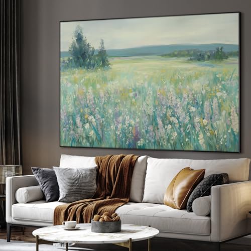 46"x60" Extra Large Framed Wall Art Wildflower Meadow Landscape Soft Pastel Nature Illustration for Home Living Room Bedroom Decor