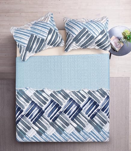 Blue Grey Stripes & Blocks Patchwork Quilt Set