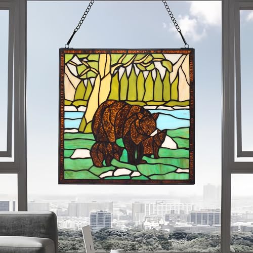 Stained Glass Window Hanging 12" Square Tiffany Animal Style Brown Bears Suncatcher Wall Decor Art Panel Includes 20" Chain and Hooks The Perfect Housewarming Gift