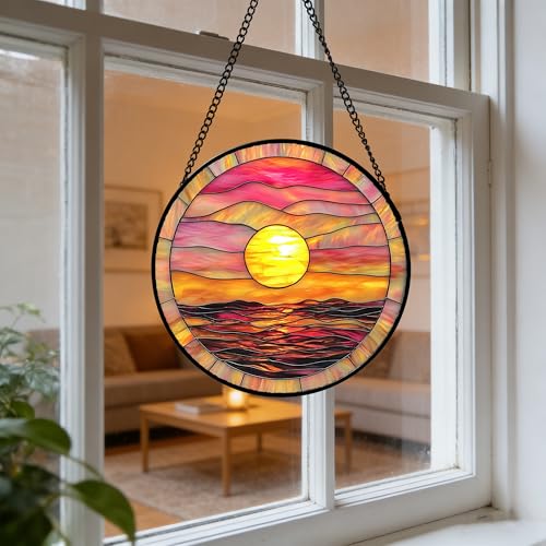 Sunrise Sea Pink Stained Glass Window Hanging Suncatcher Gifts Decor 7.8"