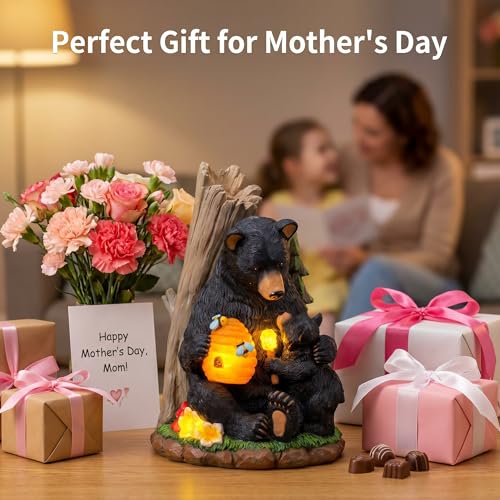 Solar Bear Garden Statue with Glowing Beehive & Cub