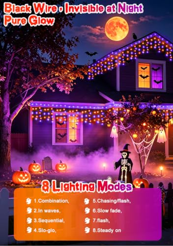66FT 640LED Orange Purple Halloween Lights Outdoor 8 Modes Plug