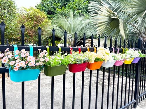 8 Pack 12" Colorful Metal Railing Planters with Hooks for Outdoor Fence (8 Count)
