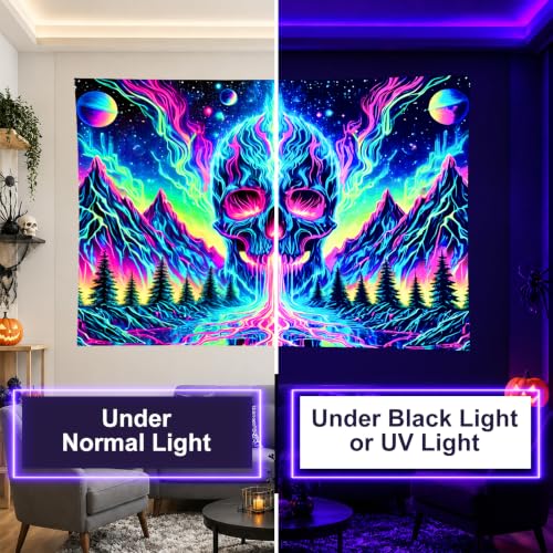 Blacklight Tapestry Skull Mountain Neon Wall Art 78 x 59 Inch
