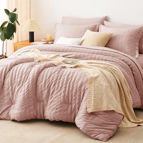 Full Size Comforter Sets 7 Pieces Rose Gold Seersucker Bed in a Bag