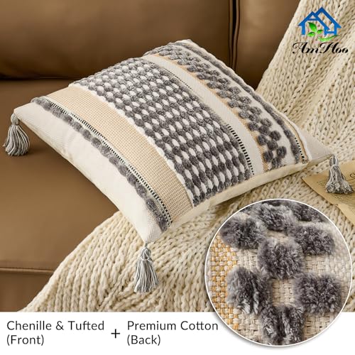 Chenille Striped Textured Boho Throw Pillow Covers Aesthetic with Tassels Woven Decorative Pillow Case for Couch Bed Sofa Bedroom Modern Funky 18 x 18