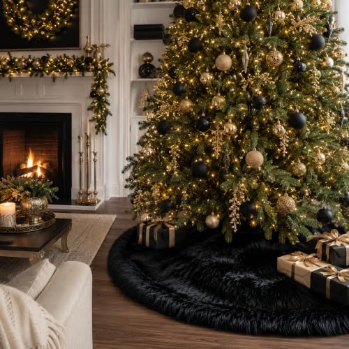 30 Inch Faux Fur Christmas Tree Skirt Black Plush Skirt for Merry Christmas Party Christmas Tree Decoration