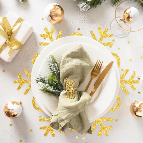 60Pcs Christmas Snowflake Paper Placemat Disposable Gold Glitter Snowflake Shaped Dining Table Setting for Winter Xmas Holiday Wedding Birthday Party Kitchen (60 Count)