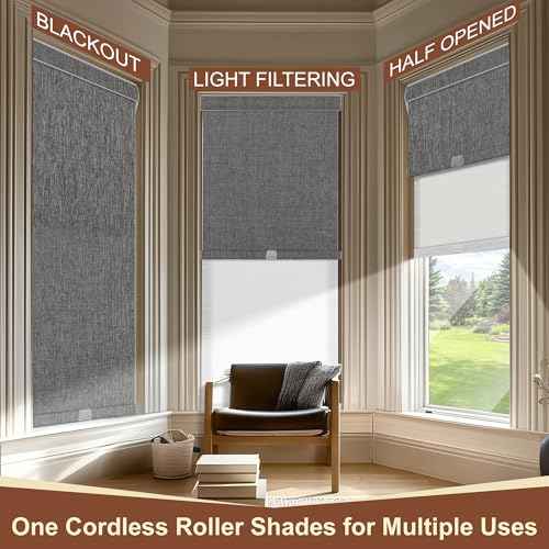 Cordless Dual Roller Shades.Dark Grey Linen & White.47 W x 80" H