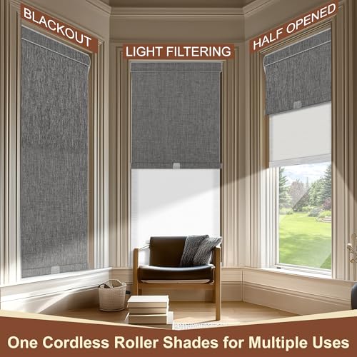 Cordless Dual Roller Shades.Dark Grey Linen & White.58 W x 48" H