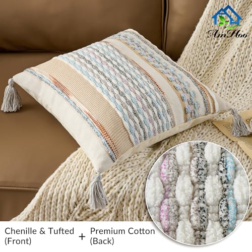 Chenille Striped Textured Boho Throw Pillow Covers Aesthetic with Tassels Woven Decorative Pillow Case for Couch Bed Sofa Bedroom Modern Funky 18 x 18