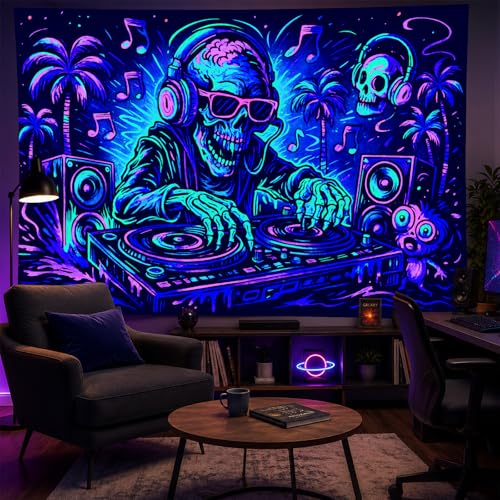 Blacklight Tapestry DJ Skull Party Backdrop 78 x 59 Inch