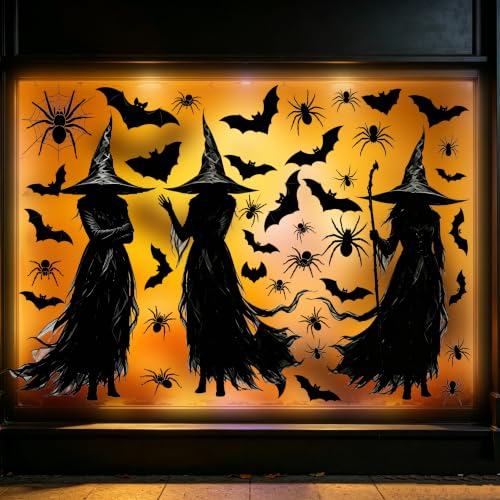 3 Extra Large Halloween Window Clings Black Witch Spider Bat