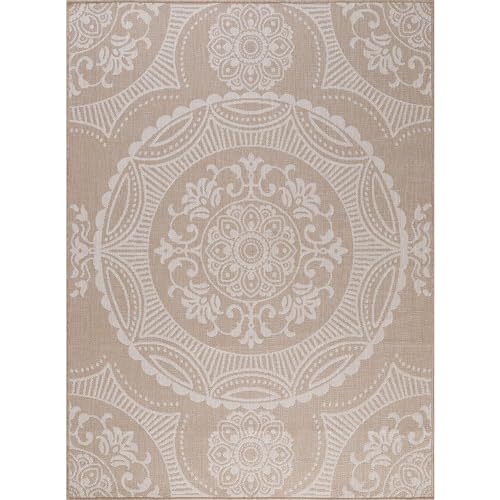 Medallion Outdoor Rug 10x14 Washable Outside Carpet for Indoor Patio Porch Waterproof Easy Cleaning Non Shedding Area Rugs Beige 10 x 14