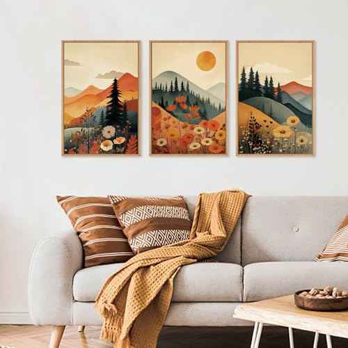 Large Boho Mountain Sunset Framed Canvas Wall Art Set