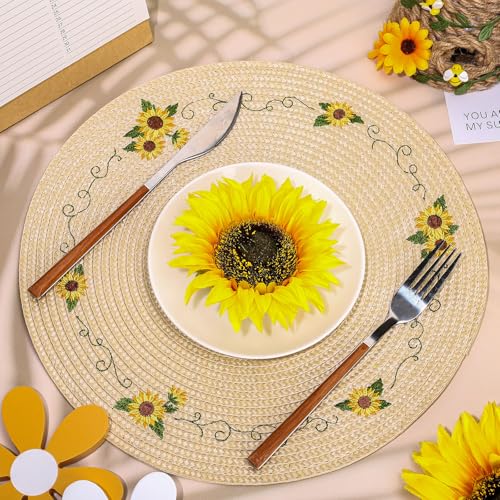4Pcs Sunflower Embroidered Placemats Spring Summer Floral Round Place Mats Dinner Table Mats for Home Holiday Birthday Baby Shower Party Decor (4 Count)
