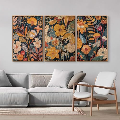 Orange Floral Framed Canvas Wall Art Set of 3 (3 Count)