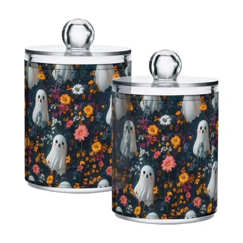 2 Pack Qtip Holder Organizer Dispenser Cute Ghosts with Flowers Bathroom Storage Canister Cotton Ball Holder Container for Cotton Pads (2 Count)