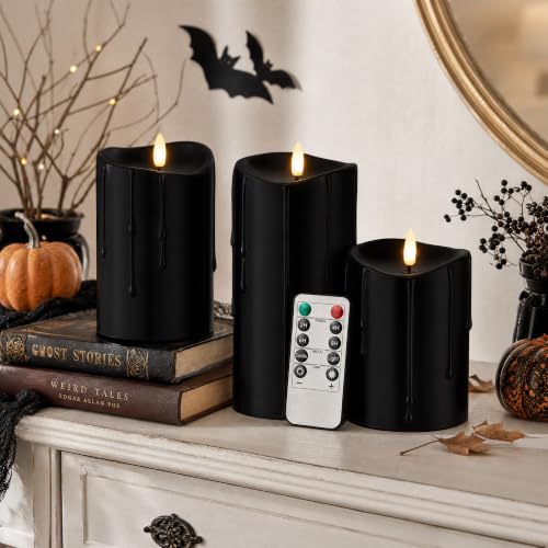 Black Real Wax Dripping Halloween Flameless Pillar Candles with Remote (3 Count)