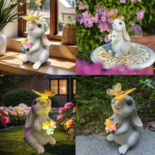 Solar Garden Statues Outdoor Decor Bunny with Butterfly
