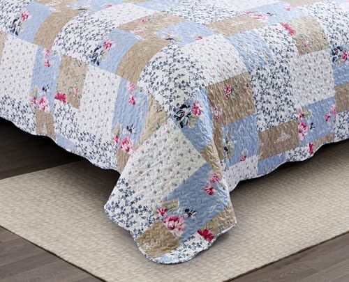 Pink Rose & Beige Toile Patchwork Quilt Set