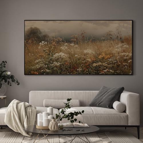 36"x72" Extra Large Framed Wall Art Autumn Meadow Landscape Rustic Brown and Golden Field with Wildflowers Country Illustration for Home Living Room Bedroom Decor