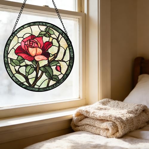 Stained Glass Window Hanging Red Rose Suncatcher Gifts for Women 9.8"