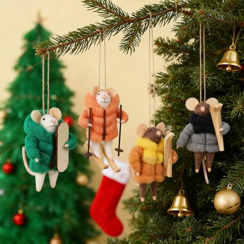 Set of 4 Christmas Felt Skiing Mice Ornaments (4 Count)