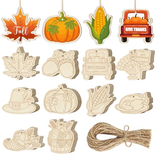 80PCS Wooden Thanksgiving Decoration Fall Ornaments to Paint Happy Thanksgiving Crafts Cutouts Unfinished (80 Count)