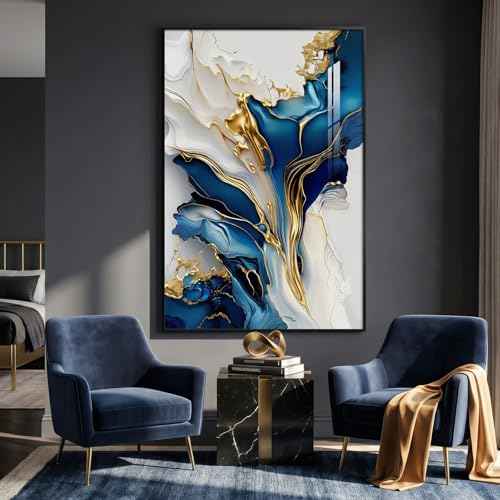 Extra Large Framed Blue White and Gold Abstract Wall Art