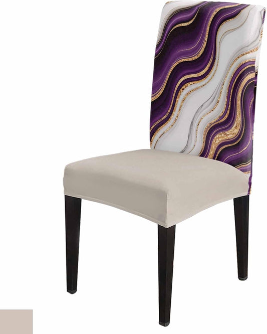 4 Pcs Dining Chair Covers Stretch Spandex Slipcovers Purple Marble Gold Inlay Removable Washable Dining Room Seat Cover Cushion Protector for Home Hotel Banquet Decor Abstract Geometric Stripes
