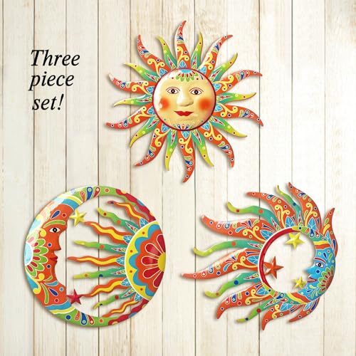 Vivid Sun Moon Sun Face Metal Wall Sculpture Set of 3 (3 Count)
