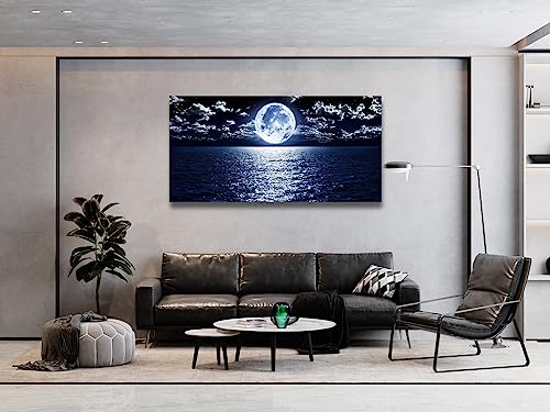 S06998 Wall Art Canvas Prints Moon Sea Ocean Landscape 1 Panels Full Moon in Cloud Pictures Paintings Stretched and Framed for Living Room Bedroom Kicthen Office Artwork