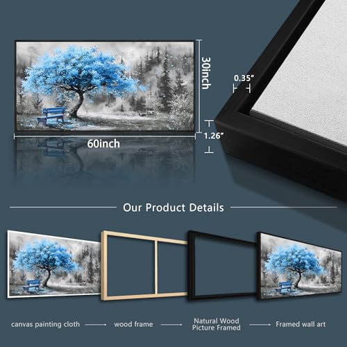 Black Framed Canvas Wall Art For Living Room Large Wall Decor For Office Bedroom Decorations Blue Tree Landscape Pictures Black And White Paintings Artwork Aesthetic Home Decor 30x60 In