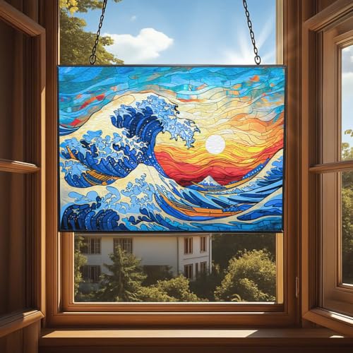 Rectangle Ocean Wave Stained Glass Suncatcher 4 Season Colorful Window Wall Ornament Hand