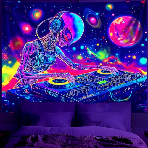 Blacklight Space Astronaut Tapestry UV Reactive Galaxy Planet Glow in Dark Tapestries Black Light Poster Neon Wall Hanging Art for bedroom Living Room