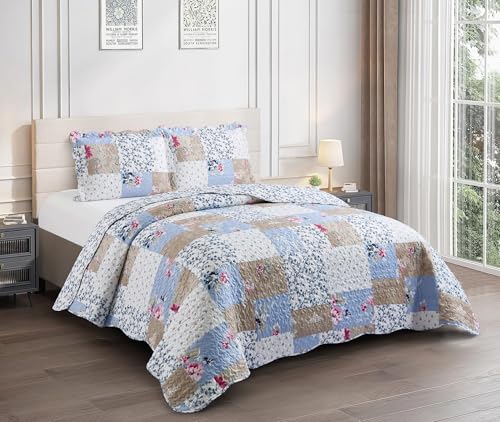 Pink Rose & Beige Toile Patchwork Quilt Set
