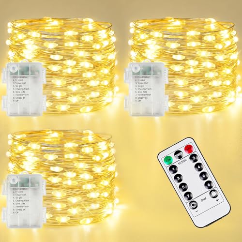 3 Pack Fairy Lights Battery Operated with Remote 120 LED 40 FT Warm White (3 Count)