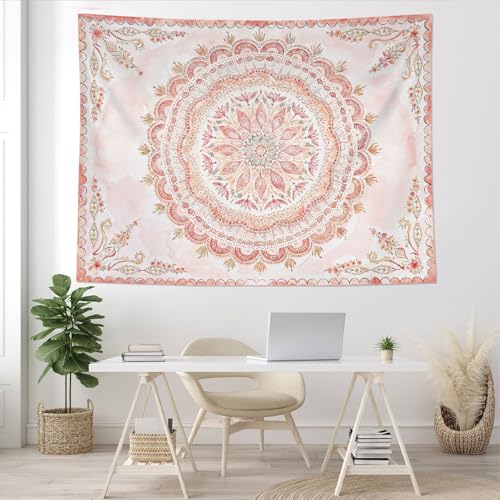 Boho Floral Mandala Tapestry Wall Hanging Pink Bohemian Flower Medallion Tapestry Aesthetic Watercolor Hippie Indian Small Tapestries for Bedroom Living Room Dorm Decor 48 x 36 Inch