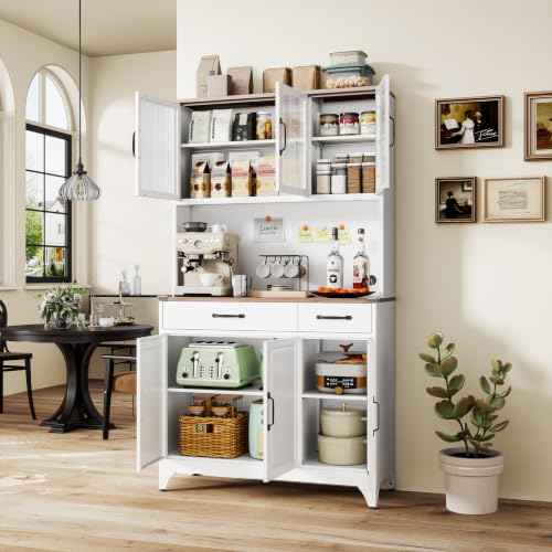 74.8" Tall Metal Pantry Cabinet with Charging Station & LED Light