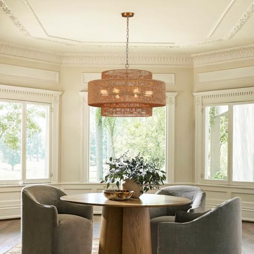 31" Large Gold Rattan Chandelier